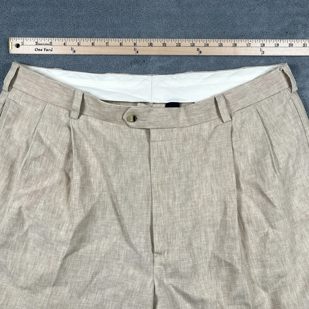 Jos A Bank Travelers Pants 40x29 Beige 100% Linen Pleated Cuffed Summer Coastal